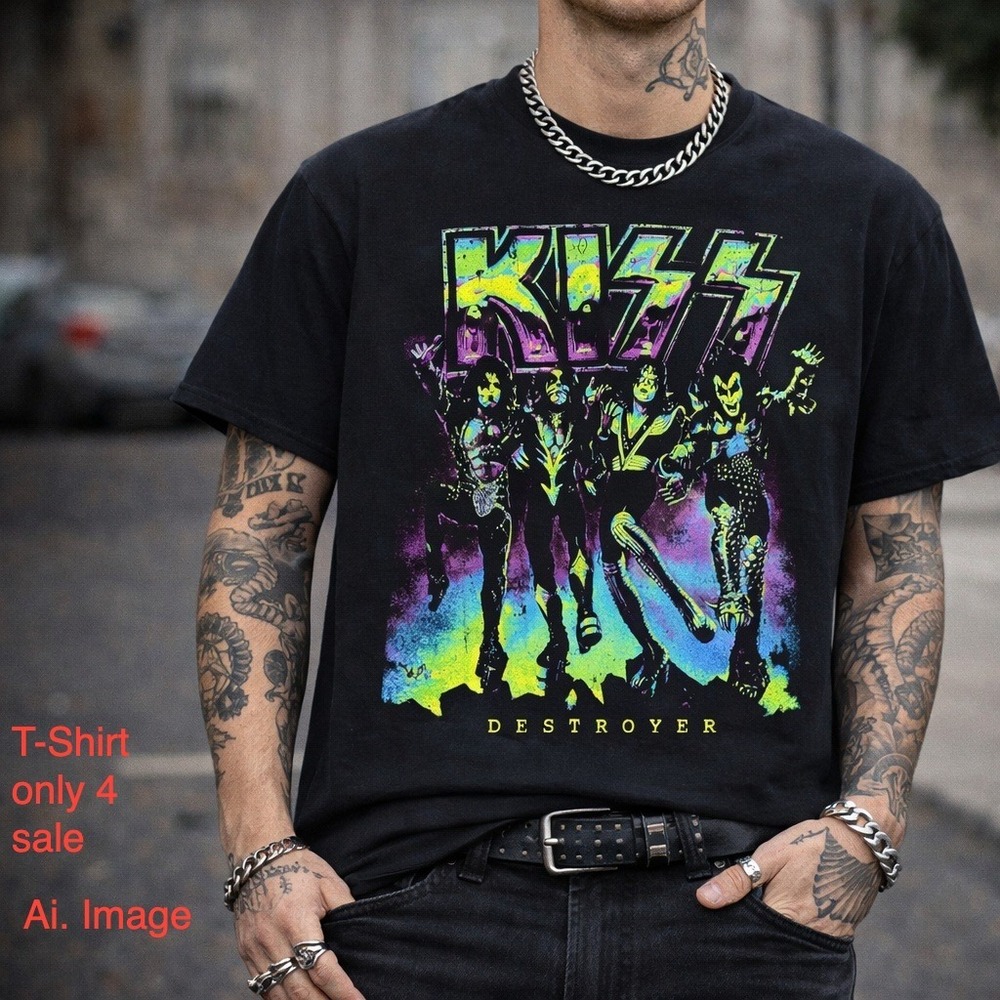 KISS Destroyer Band T-Shirt‎ Men L Black Neon Graphic 80s Rock Grunge Edgy Music
